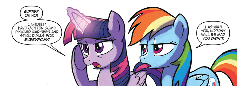 Size: 903x330 | Tagged: safe, artist:tonyfleecs, derpibooru import, idw, rainbow dash, twilight sparkle, twilight sparkle (alicorn), alicorn, pony, from the shadows, spoiler:comic, spoiler:comic52, cropped, duo, female, glowing horn, mare, official comic, simple background, speech bubble, white background