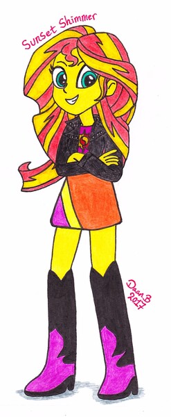 Size: 930x2257 | Tagged: safe, artist:xenoteeth3, derpibooru import, sunset shimmer, equestria girls, boots, clothes, crossed arms, cute, female, high heel boots, jacket, leather jacket, looking at you, shimmerbetes, simple background, skirt, solo, traditional art, white background