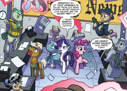 Size: 888x636 | Tagged: safe, artist:tonyfleecs, derpibooru import, idw, nosey news, pinkie pie, rarity, trenderhoof, unnamed pony, earth pony, pegasus, pony, unicorn, from the shadows, spoiler:comic, spoiler:comic52, cement shoes, criminal, cropped, female, gangster, hat, levitation, magic, male, mare, newspaper hat, official comic, paper, paper hat, quill (character), speech bubble, stallion, telekinesis