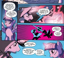 Size: 908x826 | Tagged: safe, artist:tonyfleecs, derpibooru import, idw, shadow lock, twilight sparkle, twilight sparkle (alicorn), alicorn, pony, unicorn, from the shadows, spoiler:comic, spoiler:comic52, book, comic, cropped, dramatic irony, duo, female, magic, magic beam, male, mare, official comic, shipping fuel, speech bubble, stallion