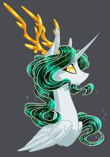 Size: 762x1083 | Tagged: safe, artist:australian-senior, derpibooru import, oc, oc:aletheia invictus, unofficial characters only, alicorn, kirin, kirindos, alternate universe, antlers, bust, colored sclera, crossover, goddess, golden eyes, gray background, image, next generation, offspring, parent:oc:arlon invictus, parent:princess celestia, parents:canon x oc, png, portal, simple background, solo