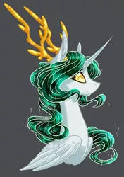 Size: 762x1083 | Tagged: safe, artist:australian-senior, derpibooru import, oc, oc:aletheia invictus, unofficial characters only, alicorn, kirin, kirindos, alternate universe, antlers, bust, colored sclera, crossover, goddess, golden eyes, gray background, image, next generation, offspring, parent:oc:arlon invictus, parent:princess celestia, parents:canon x oc, png, portal, simple background, solo