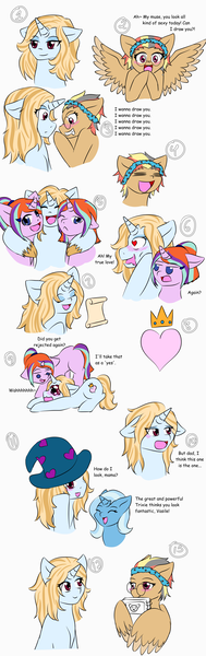 Size: 2260x7173 | Tagged: safe, artist:jolliapplegirl, derpibooru import, trixie, oc, oc:daydreamer, oc:stardust, oc:sunflare, oc:vasile, pegasus, pony, unicorn, absurd resolution, best friends, doodle dump, doodles, next generation, offspring, parent:bulk biceps, parent:starlight glimmer, parent:sunburst, parent:trixie, parents:bulkxie, parents:starburst, twins