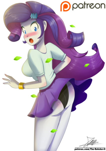 Size: 500x711 | Tagged: suggestive, artist:the-butch-x, derpibooru import, rarity, equestria girls, ass, black underwear, blushing, breasts, busty rarity, butt, clothes, embarrassed, embarrassed underwear exposure, female, panchira, panties, panty shot, patreon, patreon logo, raripanty, rearity, sexy, shirt, simple background, skirt, skirt flip, skirt lift, solo, solo female, stupid sexy rarity, thighs, underwear, upskirt, wardrobe malfunction, wind
