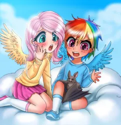 Size: 1500x1550 | Tagged: safe, artist:racoonsan, derpibooru import, fluttershy, rainbow dash, bat, human, blushing, clothes, cloud, colored pupils, cute, dashabetes, duo, female, humanized, open mouth, pleated skirt, shoes, shyabetes, skirt, sneakers, socks, sweater, sweatershy, winged humanization, wings, younger