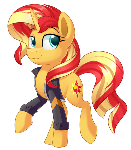 Size: 926x1064 | Tagged: safe, artist:thegamblehorse, deleted from derpibooru, derpibooru import, sunset shimmer, pony, unicorn, clothes, jacket, looking back, raised hoof, simple background, smiling, solo, transparent background