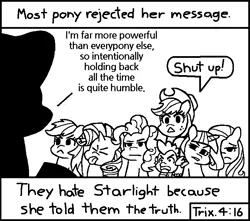 Size: 714x630 | Tagged: safe, artist:threetwotwo32232, derpibooru import, edit, applejack, fluttershy, pinkie pie, rainbow dash, rarity, spike, starlight glimmer, twilight sparkle, pony, chick tract, exploitable meme, jack chick, mane six, meme, most people rejected his message, text, world of cardboard