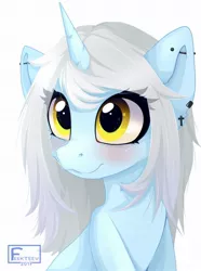 Size: 1280x1720 | Tagged: safe, artist:feekteev, derpibooru import, oc, unofficial characters only, pony, unicorn, blushing, bust, ear piercing, female, mare, piercing, portrait, simple background, solo, white background