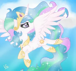 Size: 1626x1518 | Tagged: safe, artist:ingresar, derpibooru import, princess celestia, alicorn, pony, crown, flying, jewelry, peytral, regalia, smiling, solo, spread wings