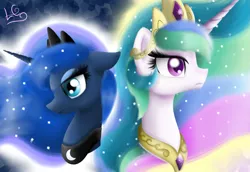 Size: 1621x1115 | Tagged: safe, artist:ingresar, derpibooru import, princess celestia, princess luna, pony, crown, jewelry, peytral, portal, regalia, royal sisters