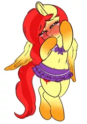 Size: 1280x1809 | Tagged: suggestive, artist:wickedsilly, derpibooru import, oc, oc:sugar syrup, unofficial characters only, pegasus, pony, adorasexy, belly button, bikini, bipedal, blushing, clothes, cute, embarrassed, eyes closed, midriff, nervous, sexy, shy, simple background, solo, swimsuit, teary eyes