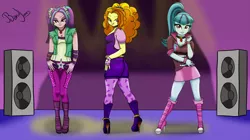 Size: 1200x674 | Tagged: safe, artist:bandijones, derpibooru import, adagio dazzle, aria blaze, sonata dusk, equestria girls, rainbow rocks, boots, choker, girly, high heels, sexy, the dazzlings