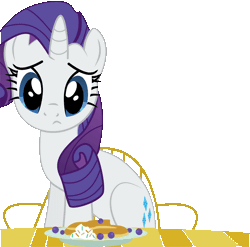 Size: 2088x2067 | Tagged: safe, artist:cyanlightning, derpibooru import, rarity, pony, castle sweet castle, animated, chair, eye shimmer, food, gif, high res, looking at you, pancakes, rarity looking at food, solo