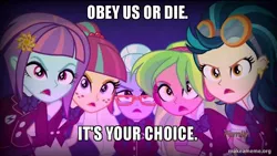 Size: 800x450 | Tagged: safe, derpibooru import, edit, edited screencap, screencap, indigo zap, lemon zest, sour sweet, sugarcoat, sunny flare, equestria girls, death threat, meme, shadow five, shadowbolt comments, threat