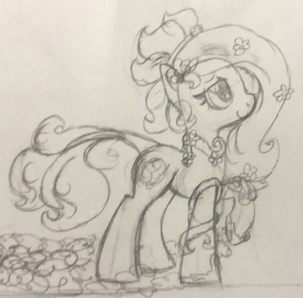 Size: 1834x1804 | Tagged: safe, artist:binkyt11, derpibooru import, oc, oc:terra flora, unofficial characters only, earth pony, plant pony, pony, clothes, female, flower, flower in hair, headband, leaves, mare, monochrome, older, shoes, sketch, solo, traditional art, vine