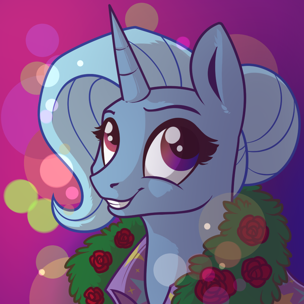 Size: 900x900 | Tagged: safe, artist:28gooddays, derpibooru import, trixie, pony, unicorn, abstract background, alternate hairstyle, bust, female, hair bun, mare, portrait, smiling, solo, wreath