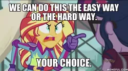 Size: 600x337 | Tagged: safe, derpibooru import, edit, edited screencap, screencap, sci-twi, sunset shimmer, twilight sparkle, equestria girls, friendship games, angry, caption, exploitable meme, image macro, meme, sunset yells at twilight