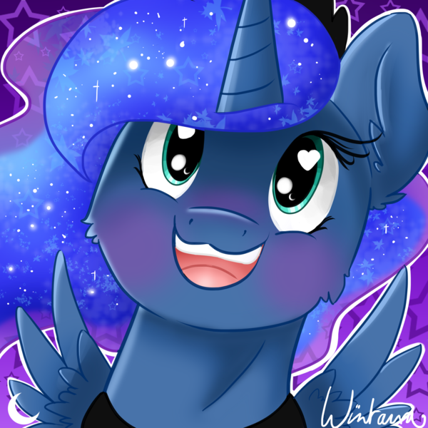 Size: 4000x4000 | Tagged: safe, artist:wintaura, artist:wintaura-art, derpibooru import, princess luna, alicorn, pony, blushing, crescent moon, crown, cute, digital art, female, fluffy, galaxy mane, heart eyes, horn, jewelry, lunabetes, moon, open mouth, patterns, princess, regalia, royalty, simple background, smiling, solo, spread wings, starry eyes, starry mane, stars, teeth, wingding eyes, wings