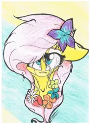 Size: 1024x1408 | Tagged: safe, artist:feathershine1, derpibooru import, fluttershy, pony, bust, flower, flower in hair, portrait, solo, traditional art