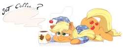 Size: 900x351 | Tagged: safe, artist:g-blue16, derpibooru import, part of a set, applejack, winona, earth pony, pony, clothes, coffee, coffee mug, female, frown, hat, hoof hold, lidded eyes, mare, morning ponies, mug, nightcap, pajamas, prone, simple background, solo, tired, watermark, white background
