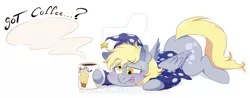 Size: 900x351 | Tagged: safe, artist:g-blue16, derpibooru import, part of a set, derpy hooves, pony, blushing, clothes, coffee mug, hat, lidded eyes, messy mane, mug, nightcap, pajamas, prone, simple background, solo, tongue out, watermark