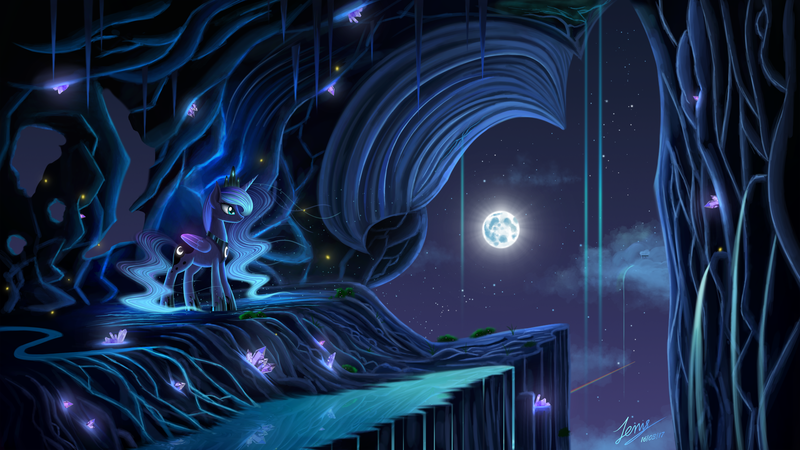 Size: 5000x2813 | Tagged: safe, artist:duskie-06, derpibooru import, princess luna, alicorn, pony, absurd resolution, cavern, cloud, crown, crystal, digital art, duality, female, full moon, gem, high res, jewelry, mare, moon, night, night sky, regalia, scenery, scenery porn, signature, solo, stars, when you see it