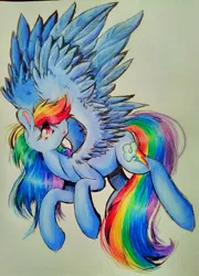 Size: 933x1293 | Tagged: safe, artist:pepperscratch, derpibooru import, rainbow dash, pony, flying, solo, spread wings, traditional art