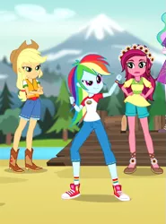 Size: 535x722 | Tagged: safe, derpibooru import, screencap, applejack, gloriosa daisy, princess celestia, rainbow dash, equestria girls, legend of everfree, action pose, boots, camp everfree outfits, clothes, converse, cowboy boots, cowboy hat, crossed arms, flower, flower in hair, geode of fauna, geode of shielding, geode of sugar bombs, geode of super speed, geode of super strength, hand on hip, hat, lifejacket, magical geodes, pants, pier, principal celestia, shoes, shorts, smiling, sneakers, socks