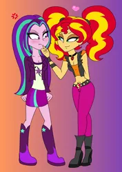 Size: 1560x2208 | Tagged: safe, artist:purfectprincessgirl, derpibooru import, aria blaze, sunset shimmer, equestria girls, rainbow rocks, alternate hairstyle, alternate universe, blushing, boots, breasts, cleavage, clothes, clothes swap, female, heart, high heel boots, jacket, jewelry, lesbian, lidded eyes, looking at each other, pendant, pigtails, role reversal, shipping, skirt, sunblaze, twintails