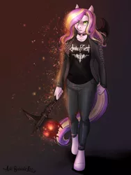 Size: 3000x4000 | Tagged: anthro, anthro oc, artist:askbubblelee, clothes, commission, crystal pony, derpibooru import, female, jacket, judas priest, looking at you, mare, multicolored hair, oc, oc:proud ametrine, pants, safe, serious, serious face, shirt, unguligrade anthro, unofficial characters only, weapon