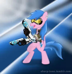 Size: 1101x1123 | Tagged: safe, artist:sharp tone, derpibooru import, oc, oc:firefly, unofficial characters only, pony, blue hair, commission, ear piercing, goggles, gun, overwatch, piercing, smiling, tracer, video game, video game crossover, visor, weapon