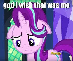 Size: 917x768 | Tagged: safe, derpibooru import, edit, edited screencap, screencap, starlight glimmer, pony, unicorn, every little thing she does, cropped, dejected, discovery family logo, female, floppy ears, frown, image macro, looking down, mare, meme, reaction image, sad, solo, twilight's castle