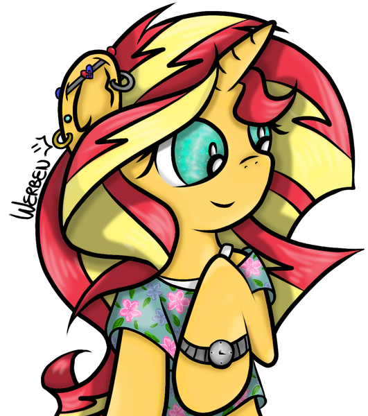 Size: 1168x1321 | Tagged: safe, artist:werbencs, derpibooru import, sunset shimmer, pony, unicorn, clothes, ear piercing, female, mare, piercing, simple background, solo, watch, white background, wristwatch