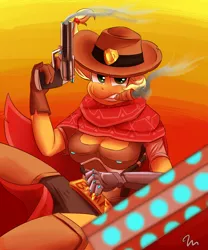 Size: 2500x3000 | Tagged: anthro, applejack, artist:passigcamel, cigar, clothes, cosplay, costume, crossover, derpibooru import, female, gun, jesse mccree, mccreejack, overwatch, prosthetics, safe, smoking, solo, weapon