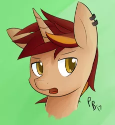 Size: 678x734 | Tagged: safe, artist:ponballoon, deleted from derpibooru, derpibooru import, oc, oc:hotshot, unofficial characters only, pony, unicorn, bust, ear piercing, earring, jewelry, open mouth, piercing, portrait, short hair, solo