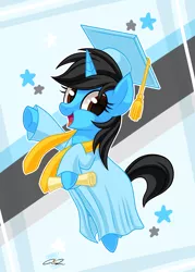 Size: 1380x1924 | Tagged: safe, artist:iheartjapan789, derpibooru import, oc, oc:andrea, unofficial characters only, pony, unicorn, clothes, female, graduation, graduation cap, hat, mare, solo