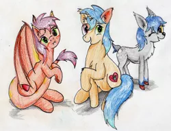 Size: 2328x1783 | Tagged: safe, artist:40kponyguy, derpibooru import, oc, oc:sammy, unofficial characters only, bat pony, deer, pony, unicorn, bat pony oc, hug, looking at you, one eye closed, requested art, simple background, tail hug, traditional art, white background, wink