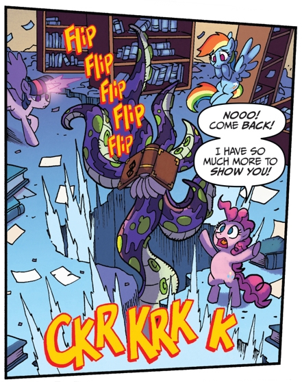 Size: 441x557 | Tagged: safe, artist:tonyfleecs, derpibooru import, idw, pinkie pie, rainbow dash, twilight sparkle, twilight sparkle (alicorn), alicorn, earth pony, pegasus, pony, from the shadows, spoiler:comic, spoiler:comic52, cropped, cthulhu, female, library, lovecraft, mare, official comic, speech bubble, tentacles, the call of cthulhu
