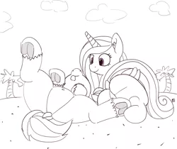 Size: 1280x1074 | Tagged: safe, artist:pabbley, derpibooru import, princess cadance, shining armor, alicorn, pony, unicorn, 30 minute art challenge, beach, belly button, cute, dock, featureless crotch, frog (hoof), hoofbutt, lineart, on back, partial color, tongue out, underhoof