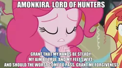 Size: 1136x640 | Tagged: safe, derpibooru import, edit, edited screencap, editor:dtavs.exe, screencap, mystery mint, pinkie pie, sunset shimmer, equestria girls, exploitable meme, image macro, jewelry, mass effect, meme, necktie, pinkie pie praying