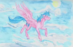 Size: 2287x1477 | Tagged: safe, artist:fullmoondagger, derpibooru import, firefly, pegasus, pony, cloud, flying, g1, sky, smiling, solo, sun, traditional art, wings