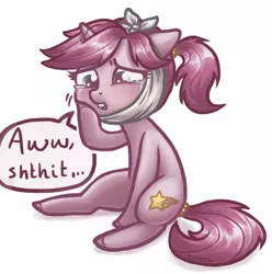 Size: 844x850 | Tagged: safe, artist:mcponyponypony, derpibooru import, oc, oc:emcee, unofficial characters only, pony, unicorn, bandage, crying, ponytail, simple background, solo, speech bubble, teary eyes, toothache, vulgar, white background