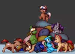 Size: 4200x3000 | Tagged: safe, artist:captainpudgemuffin, derpibooru import, oc, oc:avery softequine, oc:latch, oc:neutrino burst, oc:stream, unofficial characters only, hippogriff, pegasus, pony, unicorn, absurd resolution, blushing, commission, cute, female, group, male, mare, ocbetes, pillow, raised hoof, smiling, stallion, ych result