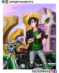 Size: 2417x2983 | Tagged: alcohol, artist:aspirantedeartista, canterlot high, clothes, derpibooru import, discord, human, humanized, jack daniels, magic, motorcycle, pants, punk, safe, solo, torn clothes, whiskey