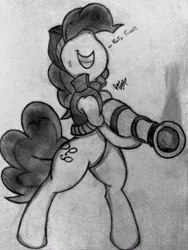 Size: 722x960 | Tagged: safe, artist:gian2020, derpibooru import, pinkie pie, pony, bipedal, clash royale, clothes, crossover, monochrome, musketeer, solo, vest, weapon