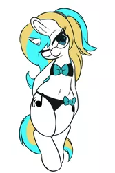 Size: 1280x1912 | Tagged: suggestive, artist:wickedsilly, derpibooru import, oc, oc:marshmallow creme, unofficial characters only, pony, unicorn, adorasexy, belly button, bikini, bipedal, clothes, cute, female, glasses, mare, one eye closed, sexy, simple background, smiling, solo, solo female, swimsuit, wink