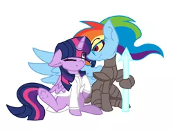 Size: 1640x1232 | Tagged: safe, artist:sky-thepony65, derpibooru import, rainbow dash, twilight sparkle, twilight sparkle (alicorn), alicorn, pony, alphys, alternate hairstyle, armor, clothes, crossover, female, lab coat, lesbian, rainbowdyne, shipping, simple background, spear, twialphys, twidash, undertale, undyne, weapon, white background