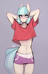 Size: 2044x3116 | Tagged: suggestive, artist:novabytes, derpibooru import, coco pommel, anthro, earth pony, arm behind head, belly button, clothes, colored sketch, female, mare, midriff, shirt, shorts, short shirt, simple background, solo, solo female