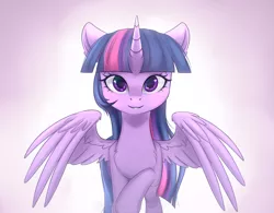 Size: 2476x1928 | Tagged: safe, artist:mp-printer, derpibooru import, twilight sparkle, twilight sparkle (alicorn), alicorn, pony, beautiful, female, gradient background, horn, looking at you, mare, smiling, solo, spread wings, wings