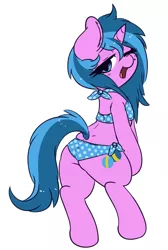 Size: 1280x1900 | Tagged: suggestive, artist:wickedsilly, derpibooru import, oc, oc:bluu balls, unofficial characters only, pony, unicorn, beauty mark, bikini, bipedal, clothes, crossdressing, femboy, girly, lidded eyes, looking at you, looking back, male, midriff, one eye closed, open mouth, simple background, smiling, solo, solo male, stallion, swimsuit, trap, wink